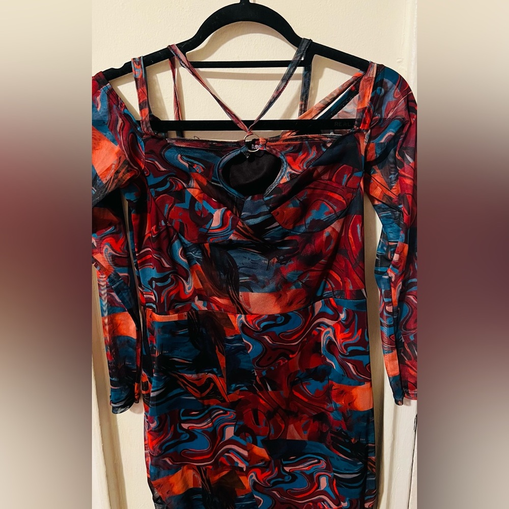 Shape Blue Marble Print Mesh Ring Halterneck Ruched Bodycon Dress
